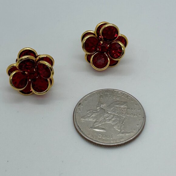 Vintage Ruby Red Flower Stud Earrings with Crystals Gold-Tone Made in the USA. - Picture 7 of 11